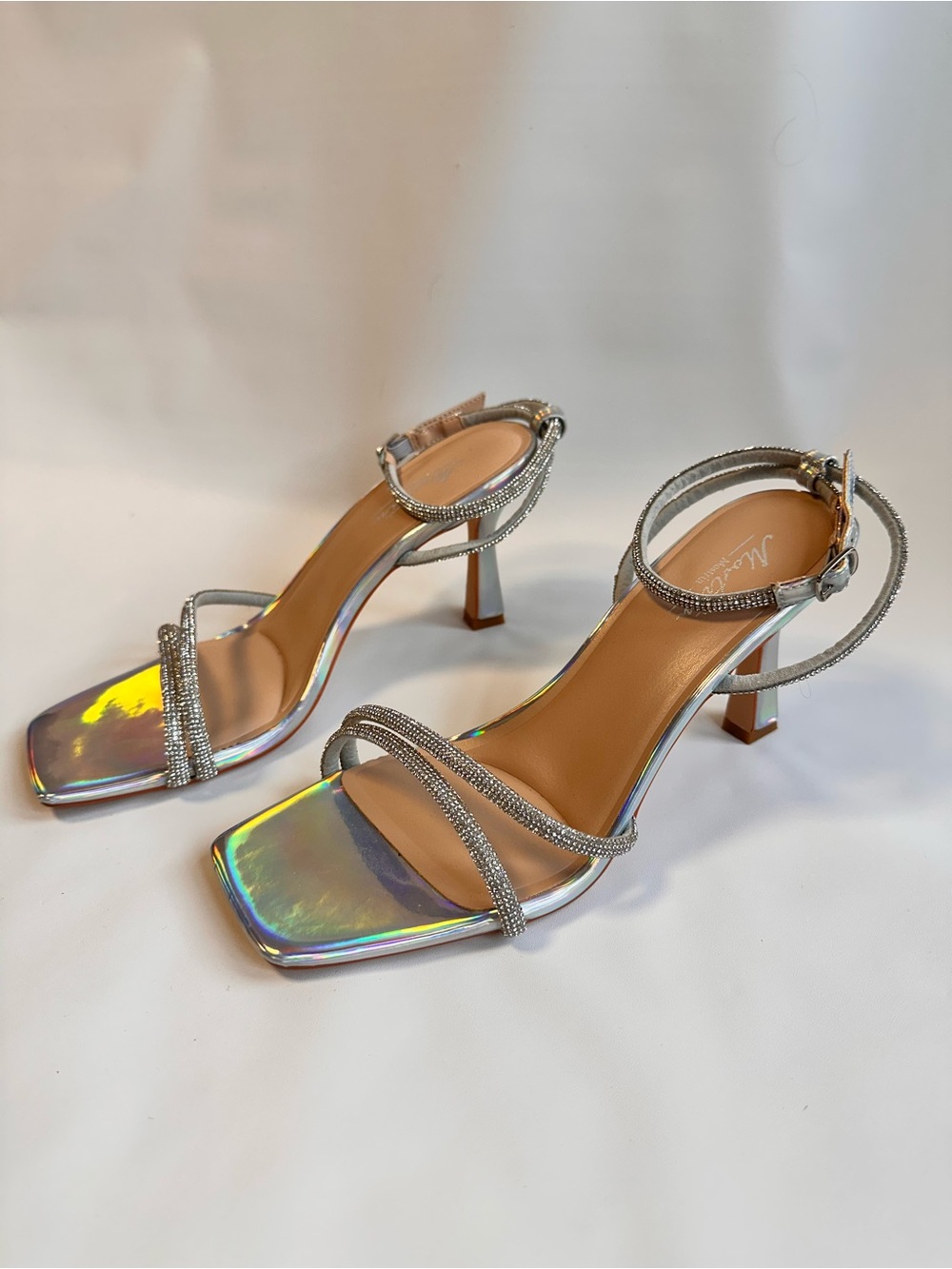 Iridescent Multi-Color Strappy Heels with Silver Rhinestone Accents - Picture 2 of 7